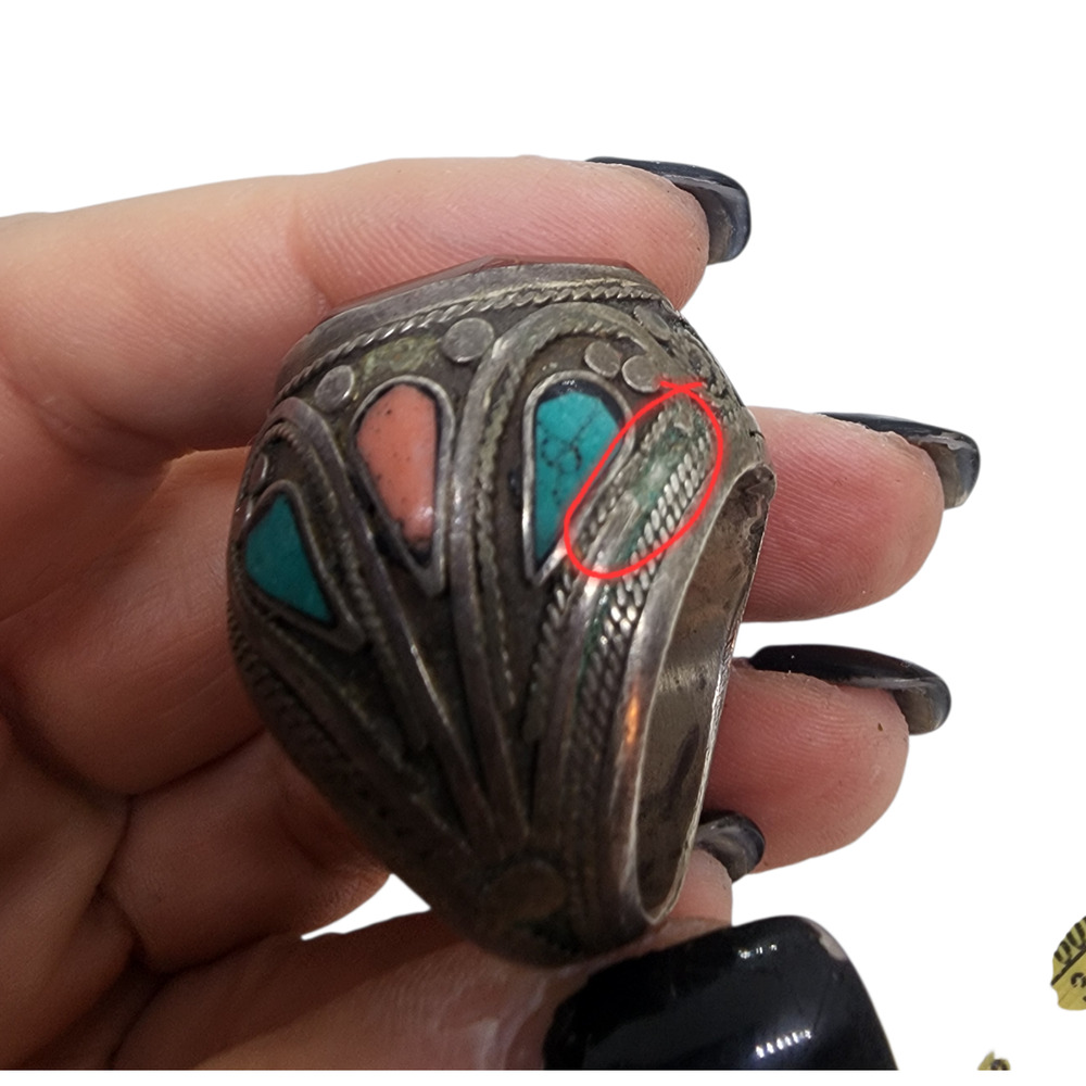 Vintage Ring Turkmen Silver Carved Turquoise Coral Inlay Sz 8.5 Arabic BIG - Picture 7 of 16